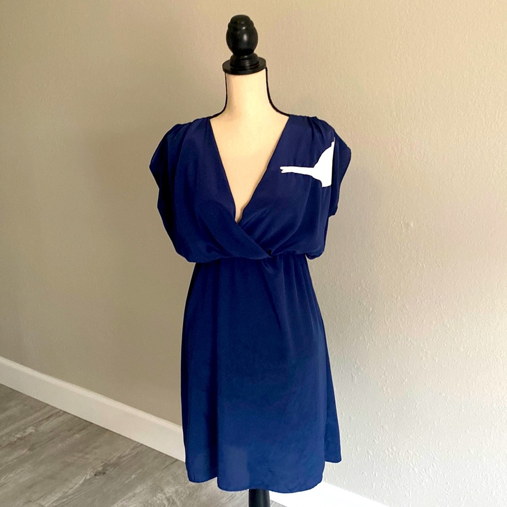 Royal blue satin dress with white hand-stitched bird appliqué